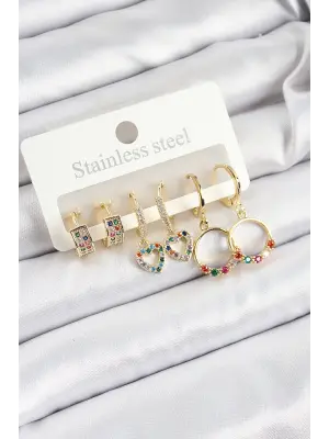 Pirinç Zirkon Taşlı Kalp Ve Halka Model Gold Renk 6lı Set Kadın Küpe