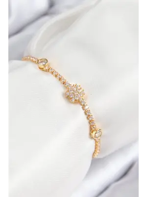 Pirinç Zirkon Taşlı Kar Tanesi Model Gold Renk Asansörlü Kadın Bileklik