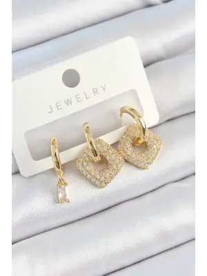 Pirinç Zirkon Taşlı Kare Model Gold Renk 3lü Çift Kadın Küpe Set