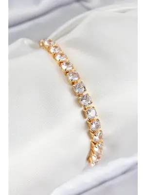 Pirinç Zirkon Taşlı Kare Model Gold Renk Asansörlü Kadın Bileklik