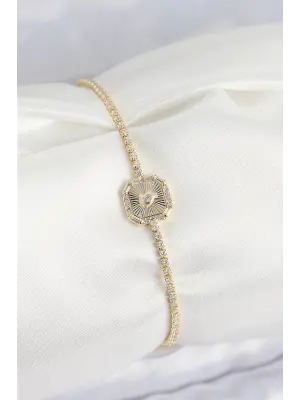 Pirinç Zirkon Taşlı Kare Model Gold Renk Kadın Bilekilk