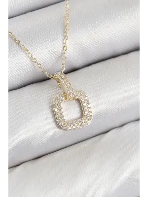 Pirinç Zirkon Taşlı Kare Model Gold Renk Kadın Kolye