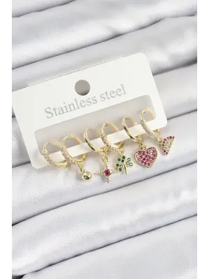 Pirinç Zirkon Taşlı Karpuz Yonca Kalp Pusula Karışık Model Gold Renk 6lı Set Kadın Küpe