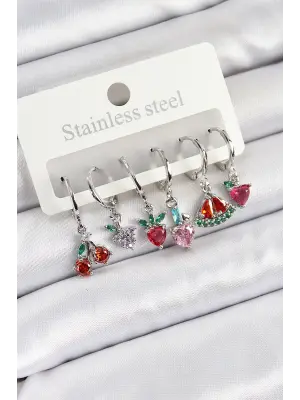 Pirinç Zirkon Taşlı Karpuz Yonca Kalp Pusula Karışık Model Gümüş Renk 6lı Set Kadın Küpe