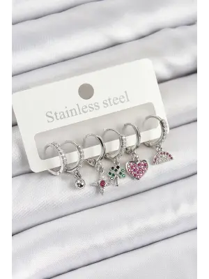 Pirinç Zirkon Taşlı Karpuz Yonca Kalp Pusula Karışık Model Gümüş Renk 6lı Set Kadın Küpe