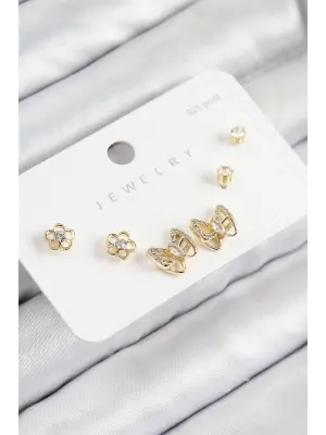 Pirinç Zirkon Taşlı Kelebek Model Gold Renk 925 Ayar Gümüş Çivi Kadın Küpe Set