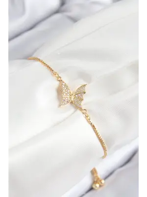 Pirinç Zirkon Taşlı Kelebek Model Gold Renk Asansörlü Kadın Bileklik