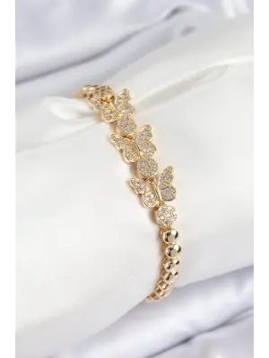 Pirinç Zirkon Taşlı Kelebek Model Gold Renk Kadın Bileklik