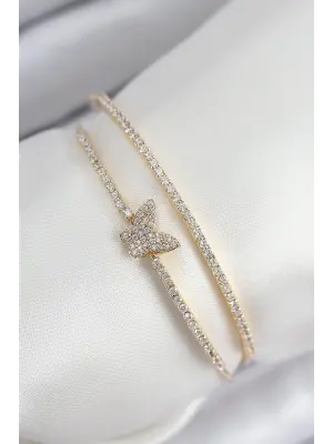 Pirinç Zirkon Taşlı Kelebek Model Gold Renk Kadın Bileklik