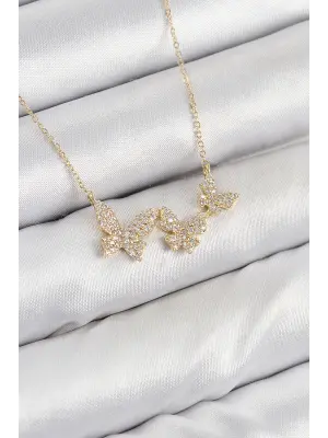 Pirinç Zirkon Taşlı Kelebek Model Gold Renk Kadın Kolye