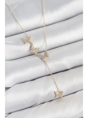 Pirinç Zirkon Taşlı Kelebek Model Gold Renk Kadın Kolye