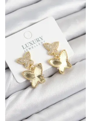 Pirinç Zirkon Taşlı Kelebek Model Gold Renk Kadın Küpe