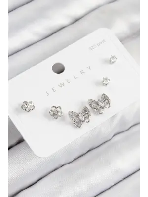 Pirinç Zirkon Taşlı Kelebek Model Gümüş Renk 925 Ayar Gümüş Çivi Kadın Küpe Set