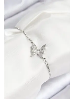 Pirinç Zirkon Taşlı Kelebek Model Gümüş Renk Asansörlü Kadın Bileklik