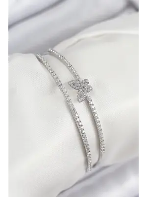 Pirinç Zirkon Taşlı Kelebek Model Gümüş Renk Kadın Bileklik