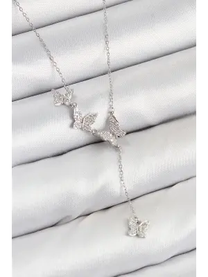 Pirinç Zirkon Taşlı Kelebek Model Gümüş Renk Kadın Kolye