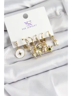 Pirinç Zİrkon Taşlı Kelebek ve Yıldız Model Gold Renk 3lü Çift Kadın Küpe