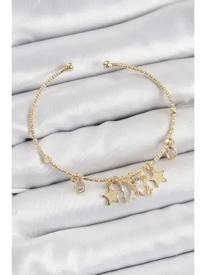 Pirinç Zirkon Taşlı Kelebek Ve Yıldız Model Gold Renk Charm Bileklik
