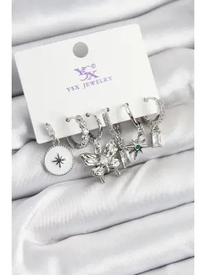 Pirinç Zİrkon Taşlı Kelebek ve Yıldız Model Gümüş Renk 3lü Çift Kadın Küpe