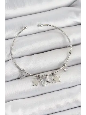 Pirinç Zirkon Taşlı Kelebek Ve Yıldız Model Gümüş Renk Charm Bileklik