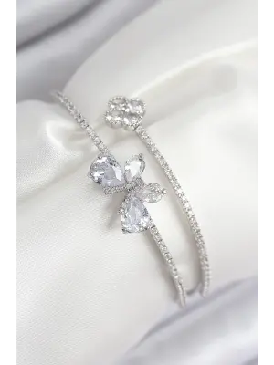 Pirinç Zirkon Taşlı Kelebek Ve Yonca Model Gümüş Renk Kadın Bileklik