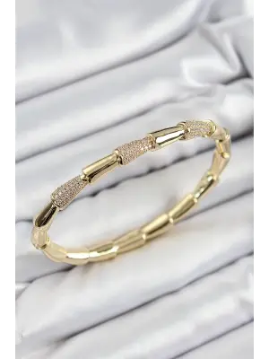 Pirinç Zirkon Taşlı Kemik Model Gold Renk Vip Kadın Bileklik