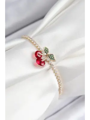 Pirinç Zirkon Taşlı Kiraz Model Gold Renk Asansörlü Kadın Bileklik