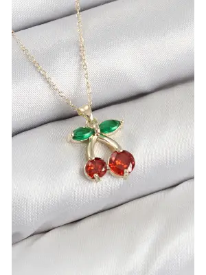 Pirinç Zirkon Taşlı Kiraz Model Gold Renk Kadın Kolye
