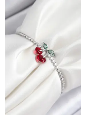 Pirinç Zirkon Taşlı Kiraz Model Gümüş Renk Asansörlü Kadın Bileklik