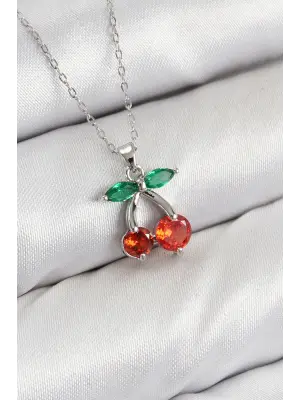 Pirinç Zirkon Taşlı Kiraz Model Gümüş Renk Kadın Kolye