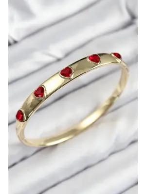 Pirinç Zirkon Taşlı Kırmızı Kalp Model Gold Renk Kadın Kelepçe