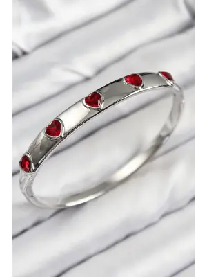 Pirinç Zirkon Taşlı Kırmızı Kalp Model Gümüş Renk Kadın Kelepçe