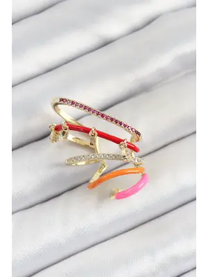 Pirinç Zirkon Taşlı Kırmızı Turuncu Pembe Sıkıştırma Sağ Kıkırdak Gold Renk Kadın Küpe