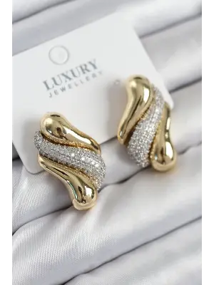Pirinç Zirkon Taşlı Kıvrım Model Gold Renk Kadın Küpe