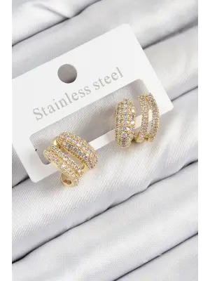 Pirinç Zirkon Taşlı Kıvrımlı Model Gold Renk Kadın Küpe