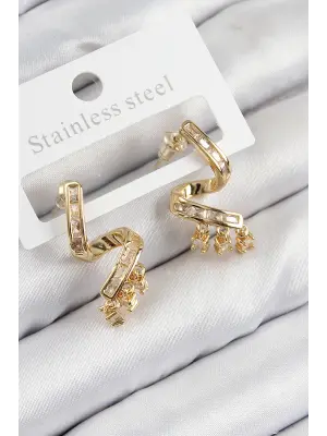 Pirinç Zirkon Taşlı Kıvrımlı Model Gold Renk Kadın Küpe