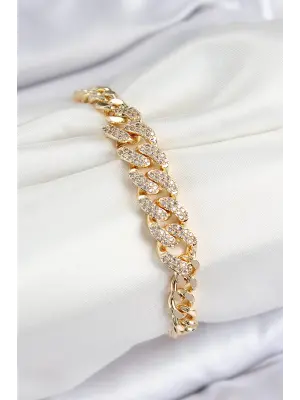 Pirinç Zirkon Taşlı Küba Zincir Model Gold Renk Kadın Bileklik