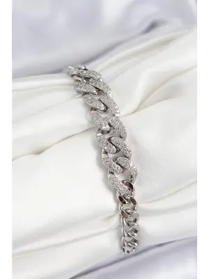 Pirinç Zirkon Taşlı Küba Zincir Model Gümüş Renk Kadın Bileklik