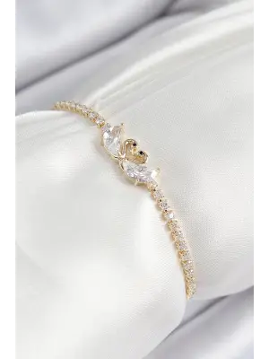 Pirinç Zirkon Taşlı Kuğu Model Gold Renk Asansörlü Kadın Bileklik