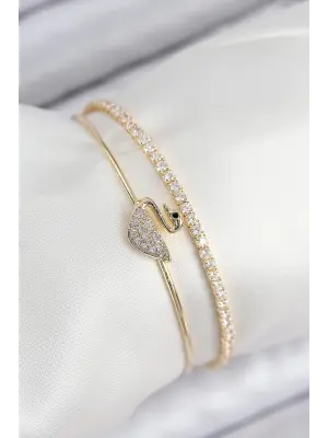 Pirinç Zirkon Taşlı Kuğu Model Gold Renk Kadın Bileklik