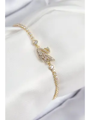 Pirinç Zirkon Taşlı Kuğu Model Gold Renk Kadın Bileklik