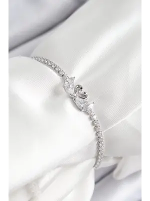 Pirinç Zirkon Taşlı Kuğu Model Gümüş Renk Asansörlü Kadın Bileklik