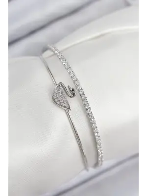 Pirinç Zirkon Taşlı Kuğu Model Gümüş Renk Kadın Bileklik