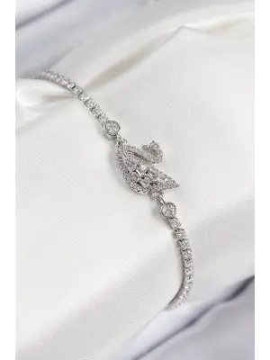 Pirinç Zirkon Taşlı Kuğu Model Gümüş Renk Kadın Bileklik