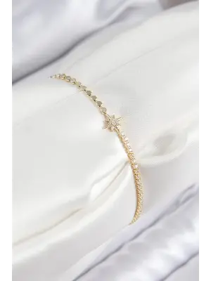 Pirinç Zirkon Taşlı Kutup Yıldızı Model Ezme Zincir Gold Renk Kadın Bileklik