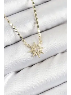 Pirinç Zirkon Taşlı Kutup Yıldızı Model Ezme Zincir Gold Renk Kadın Kolye
