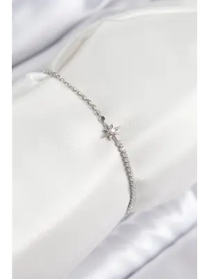Pirinç Zirkon Taşlı Kutup Yıldızı Model Ezme Zincir Gümüş Renk Kadın Bileklik
