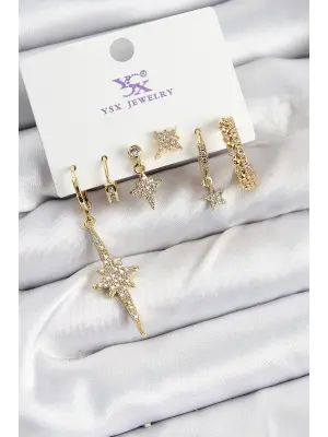 Pirinç Zİrkon Taşlı Kutup Yıldızı Model Gold Renk 3lü Çift Kadın Küpe