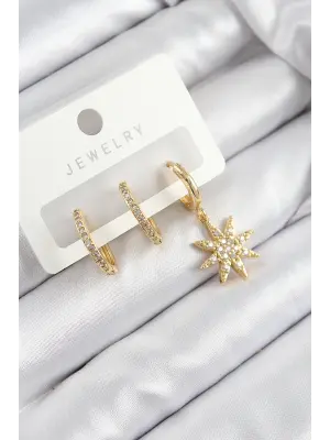 Pirinç Zirkon Taşlı Kutup Yıldızı Model Gold Renk 3lü Set Kadın Küpe