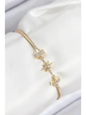 Pirinç Zirkon Taşlı Kutup Yıldızı Model Gold Renk Kadın Bileklik